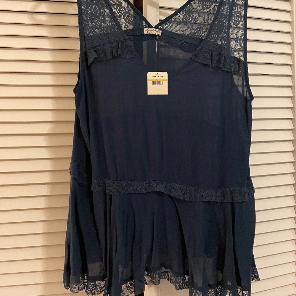 Free People Women's Lace Trapeze Cami Sapphire Ruffled Sheer Top Small